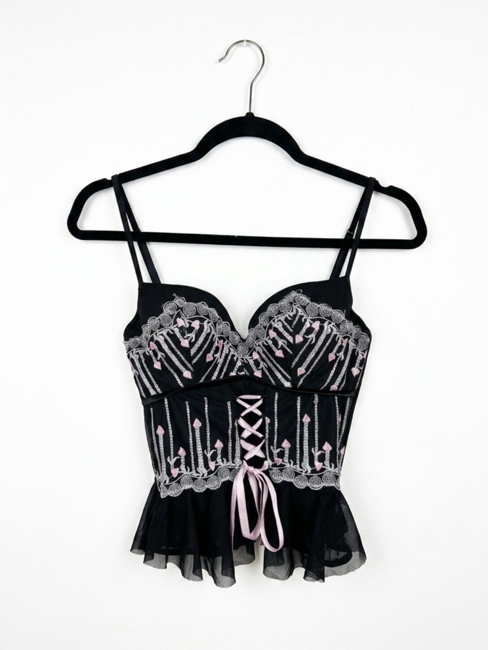 Parisian Lace-Up Bustier Tank with Pink Embroidery